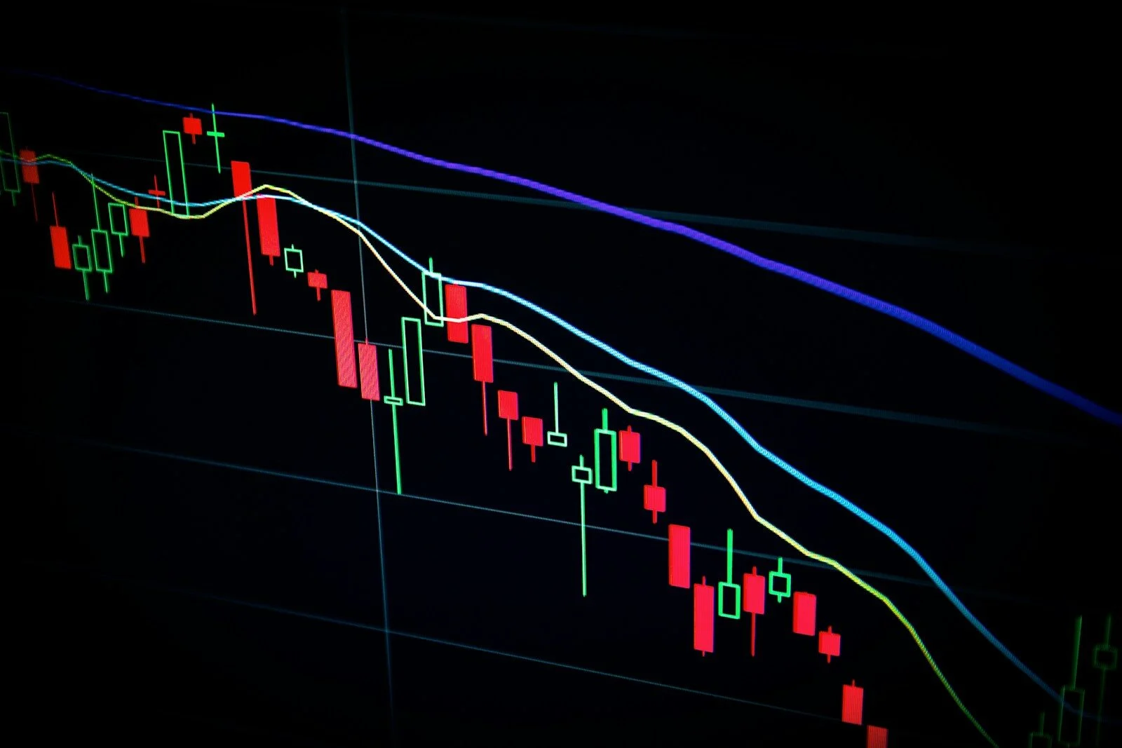 stock market candlestick chart on dark screen